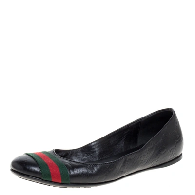Pre-owned Gucci Ssima Leather Web Stripe Ballet Flats Size 35.5 In Black