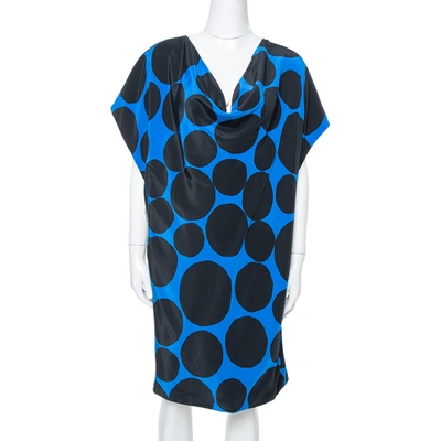 Pre-owned Gucci Black & Blue Dot Print Silk Draped Mini Dress M