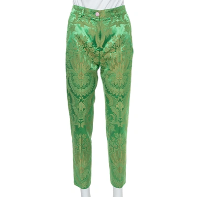 Pre-owned Dolce & Gabbana Bright Green & Gold Jacquard Tapered Trousers Xs