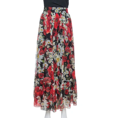 Pre-owned Dolce & Gabbana Black Floral Print Silk Gathered Maxi Skirt L