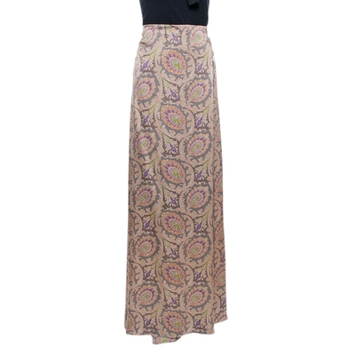 Pre-owned Etro Greige Paisley Print Silk Satin Maxi Skirt L In Grey