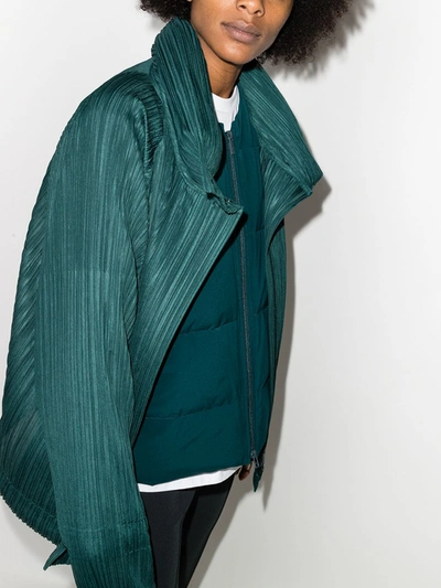 Shop Issey Miyake Collared Asymmetric Plissé Bomber Jacket In Green