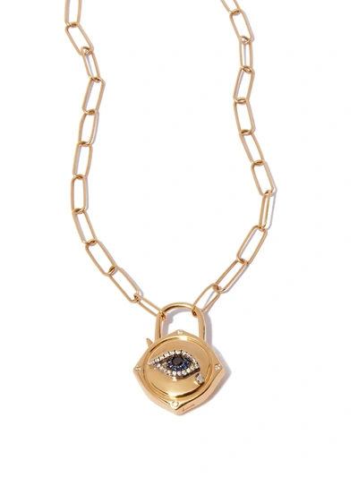 18KT YELLOW GOLD LOVELOCK EVIL EYE DIAMOND AND SAPPHIRE CHARM ON 14KT YELLOW GOLD MINI CABLE CHAIN N