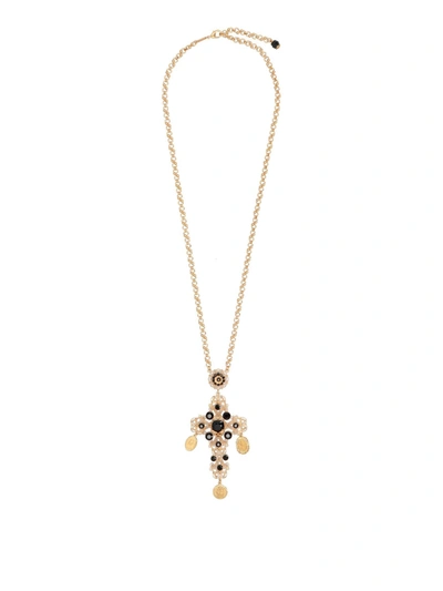 Shop Dolce & Gabbana Cross Pendant Long Necklace In Gold And Black