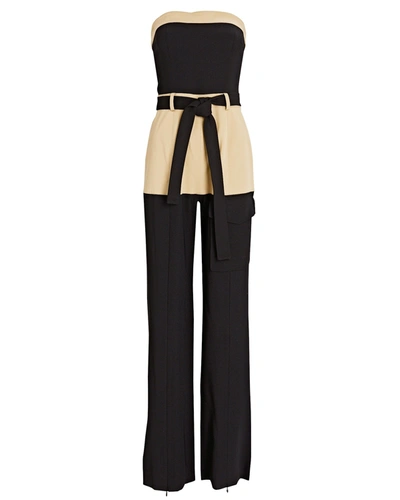 Shop Alexis Perrin Strapless Tie-waist Jumpsuit In Black/beige