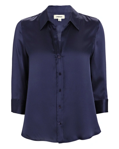 Shop L Agence Dani Silk Button-down Shirt In Blue-med