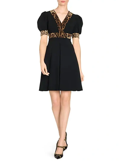 Shop Dolce & Gabbana Puff Sleeve Leopard Trim Dress