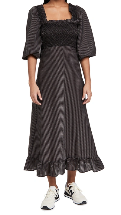 Shop Ganni Seersucker Dress In Black