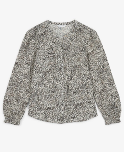Shop Lucky Brand Cotton Animal-print Pintuck Blouse In Natural Multi