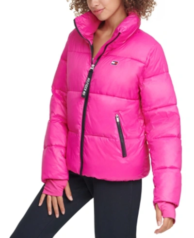 Tommy Hilfiger Sport Cropped Puffer Thumbhole Coat In Pink Punch | ModeSens