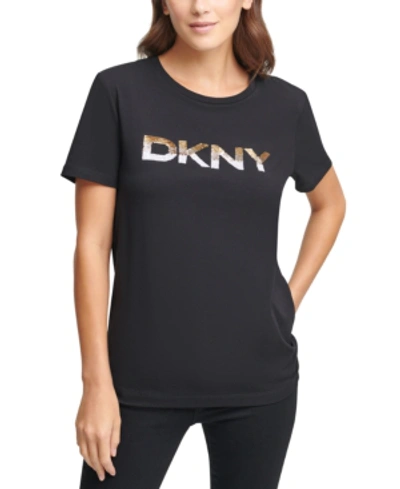 Shop Dkny Ombre Sequin Logo T-shirt In Black/gold