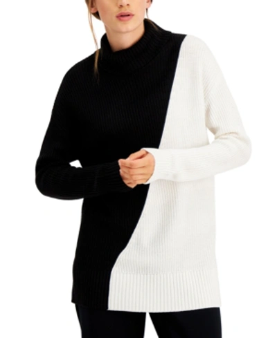 Shop Alfani Petite Colorblocked Turtleneck Sweater, Created For Macy's In Deep Black