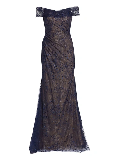 Shop Rene Ruiz Collection Women's Embroidered Off-the-shoulder Gown In Navy