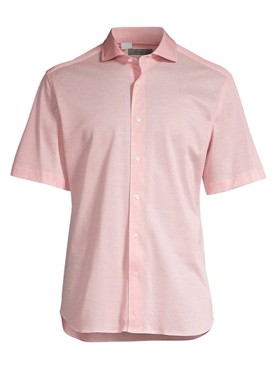 Shop Corneliani Men's Pique Cotton Short Sleeve Sport Shirt In Coral