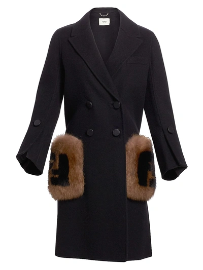 Shop Fendi Long-sleeve Fox Fur-trim Pocket Logo Coat In Black