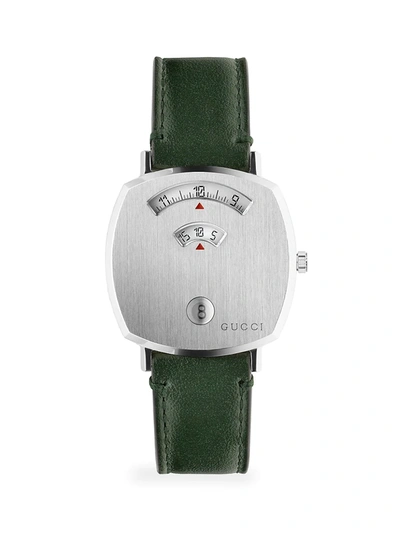 Shop Gucci Grip Stainless Steel & Green Leather Strap Watch In Silver Green