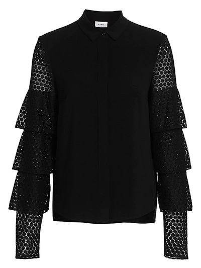 Shop Akris Punto Tiered Lace-sleeve Blouse In Black