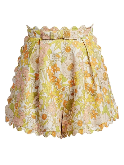 Shop Zimmermann Women's Super 8 Floral Scalloped Linen Shorts In Pink Meadow