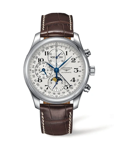Shop Longines Men's Master Collection 36mm Stainless Steel Chronograph Alligator Leather Strap Watch In Sapphire