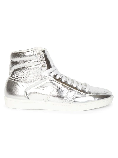 Shop Saint Laurent Men's Court Classic Metallic Leather High-top Sneakers In Silver