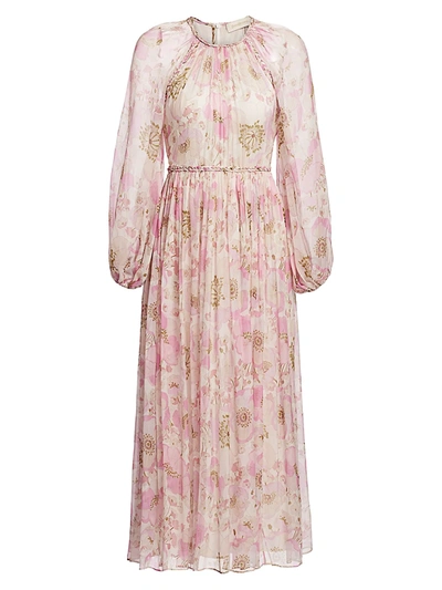 Shop Zimmermann Women's Super 8 Silk Floral Blouson-sleeve Midi Dress In Pink Poppy