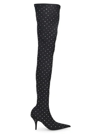 Shop Balenciaga Women's Knife Crystal-embellished Satin Thigh-high Boots In Black