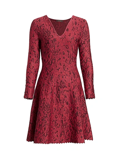 Shop Zac Posen Leopard Jacquard Lurex Fit-&-flare Dress In Burgundy