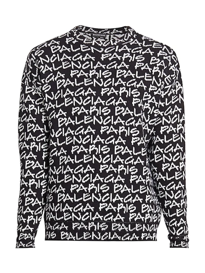 Shop Balenciaga Men's Logo Intarsia Knit Sweater In Black White