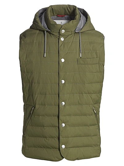 Shop Brunello Cucinelli Men's Hooded Down Quilted Vest In Green