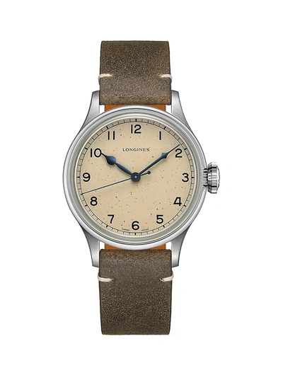 Shop Longines Men's Heritage Military 38mm Stainless Steel & Leather Strap Watch In Silver