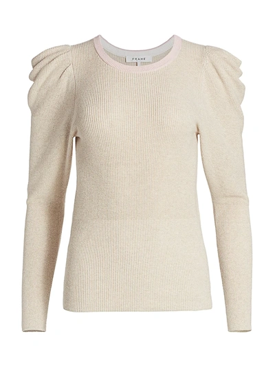 Shop Frame Ribbed Feminine Puff-sleeve Sweater In Oatmeal Heather