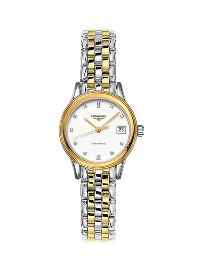 Shop Longines Women's Flagship 26mm Two-tone & Diamond Bracelet Watch In White