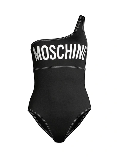 Shop Moschino One-shoulder Logo One-piece Swimsuit In Black