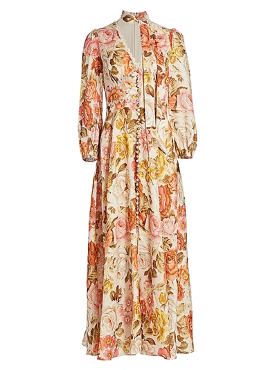 Shop Zimmermann Women's Bonita Long-sleeve Floral Linen Dress In Cream Floral