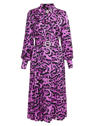 Shop Alessandra Rich Women's Leopard Print Pleated Satin Midi Dress In Fuchsia