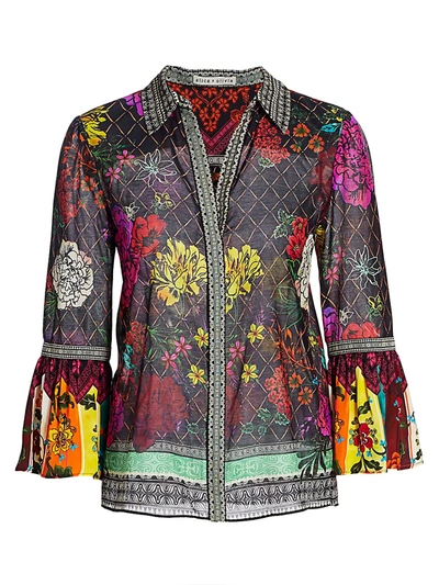 Shop Alice And Olivia Rivera Floral & Diamond Print Silk-blend Bell-sleeve Blouse In Retro Floral Multi