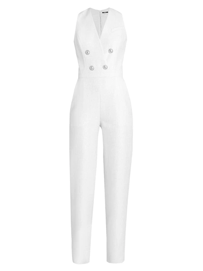 Shop Balmain Double-breasted Lurex Jumpsuit In Blanc