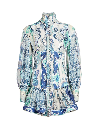 Shop Zimmermann Glassy Long-sleeve Mini Dress In Spliced Blue Ikat