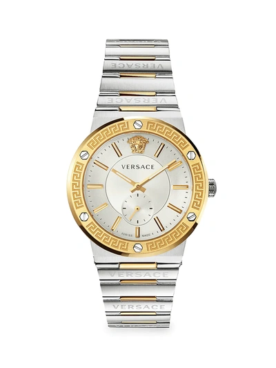 Shop Versace Greco Logo Two-tone Chronograph Bracelet Watch In Silver