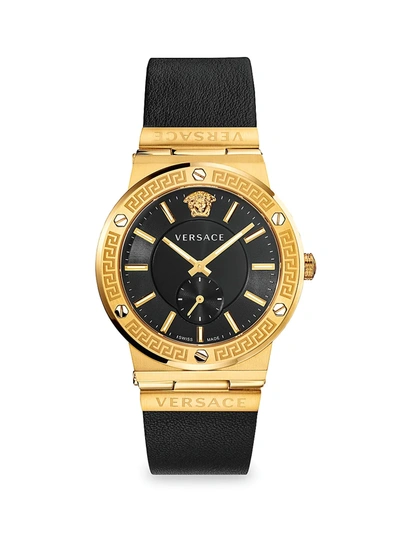 Shop Versace Greco Logo Goldtone Chronograph Leather Strap Watch