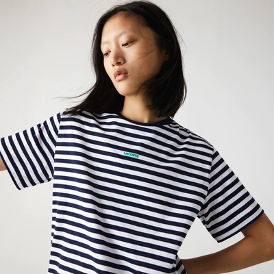 Shop Lacoste Women's Crew Neck Branded Striped Cotton T-shirt In Navy Blue,white