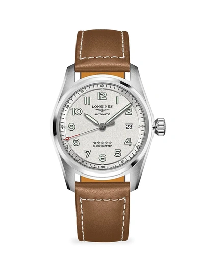 Shop Longines Men's  Spirit 40mm Automatic Stainless Steel Leather-strap Watch In Silver
