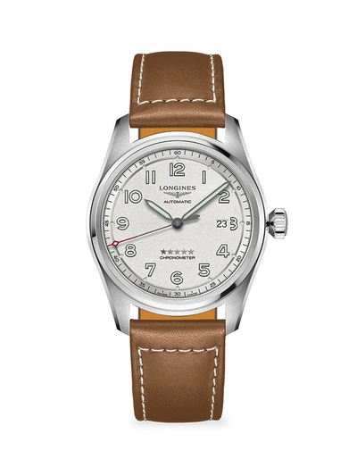 Shop Longines Spirit 42mm Stainless Steel & Leather-strap Watch In Silver