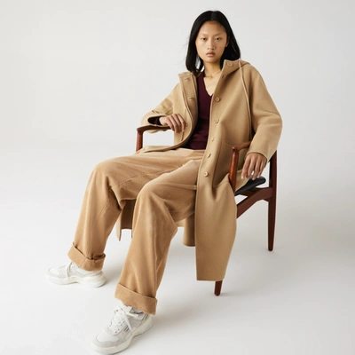 Lacoste Women's Hooded Zippered Long Wool Blend Coat In Beige | ModeSens