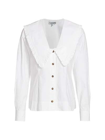 Shop Ganni Women's Cotton Poplin Pilgrim Collar Top In White