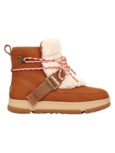 Shop Ugg Women's Classic Weather Faux Fur-trimmed Leather Hiking Boots In Chestnut