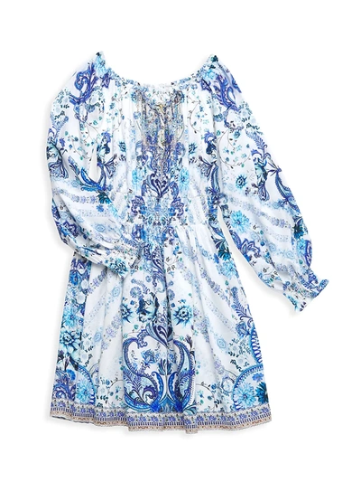 Shop Camilla Girl's Shirred Waist Dress In Blue