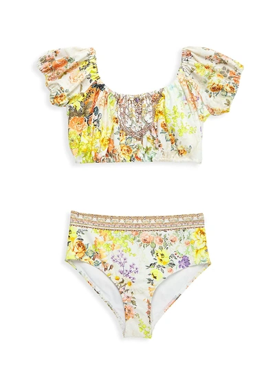 Shop Camilla Girl's 2-piece Puff Sleeve Bikini Set In White Multi