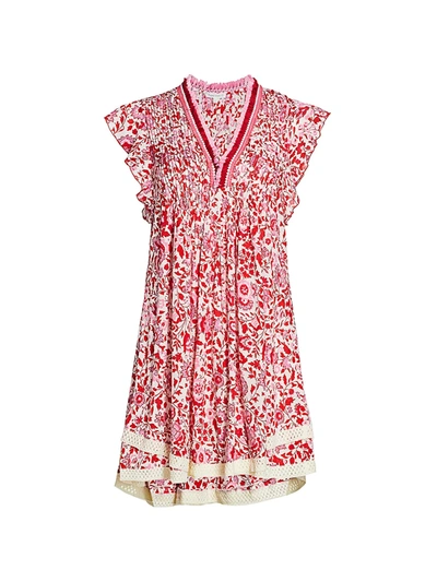 Shop Poupette St Barth Sasha Lace-trim Floral Mini Dress In White Red Celery