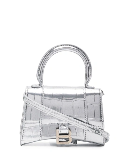 Shop Balenciaga Mini Hourglass Tote Bag In Silver